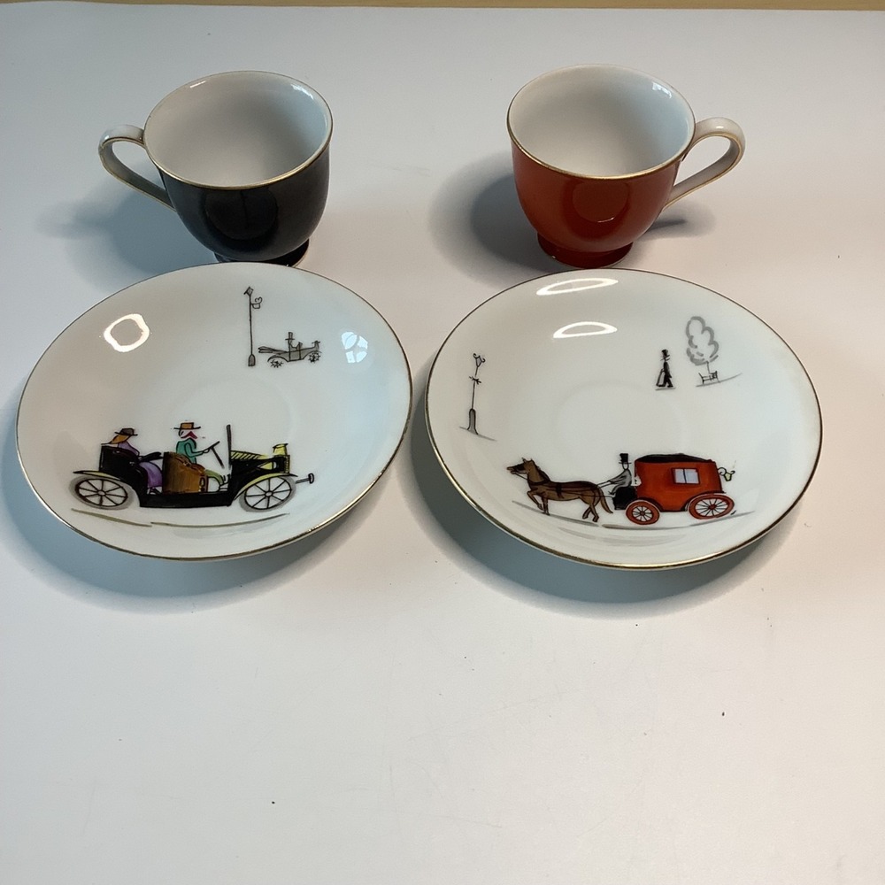 Ucagco Japan Ceramic Cup & Saucer‎ Horse Drawn Carriage Red & Black w/ Gold Rim